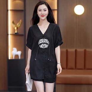 时尚 复古套装 胖MM宽松显瘦大码 日常短袖 两件套气质新中式 2024夏季