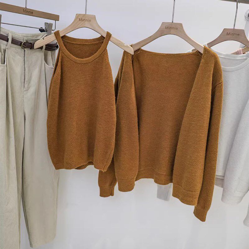 温柔风气质长袖针织开衫+洋气内搭背心吊带两件套女2024秋季毛衣