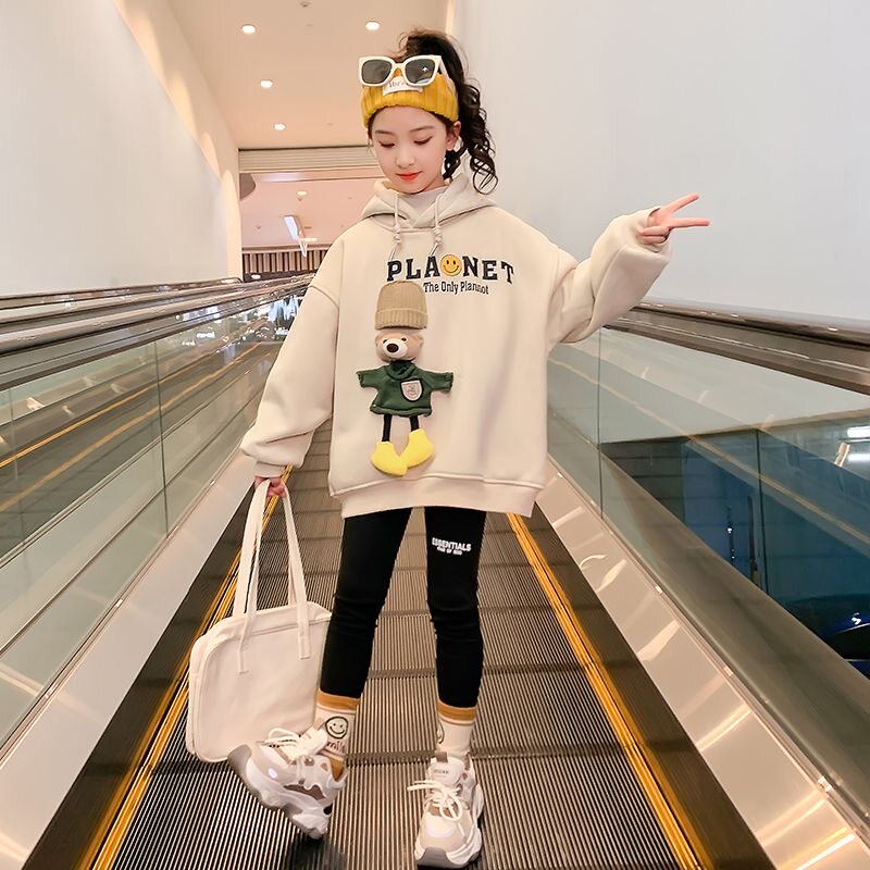 女童加绒卫衣春装2024新款洋气童装秋冬连帽儿童上衣女大童春秋款