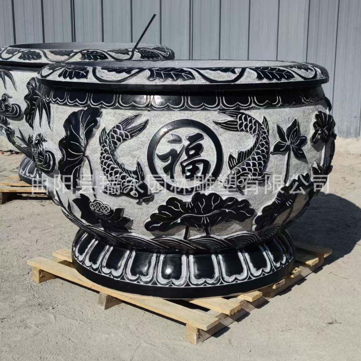 青石雕刻仿古鱼缸别墅庭院福字荷花莲花门海花盆园林石缸摆件厂家