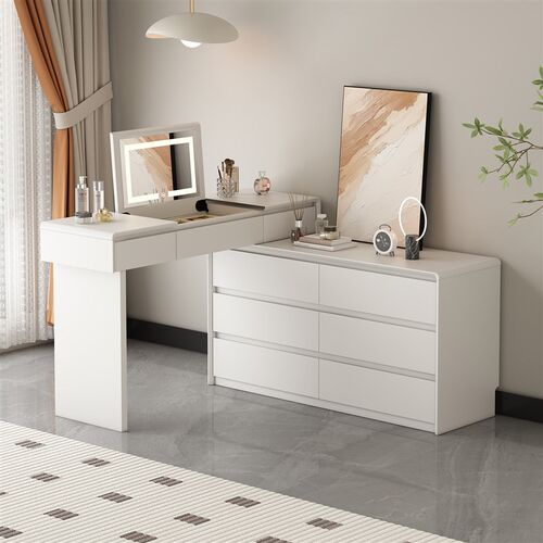 实木梳妆台床尾斗柜一体卧室奶油风简约2025新款翻盖化妆桌化妆台