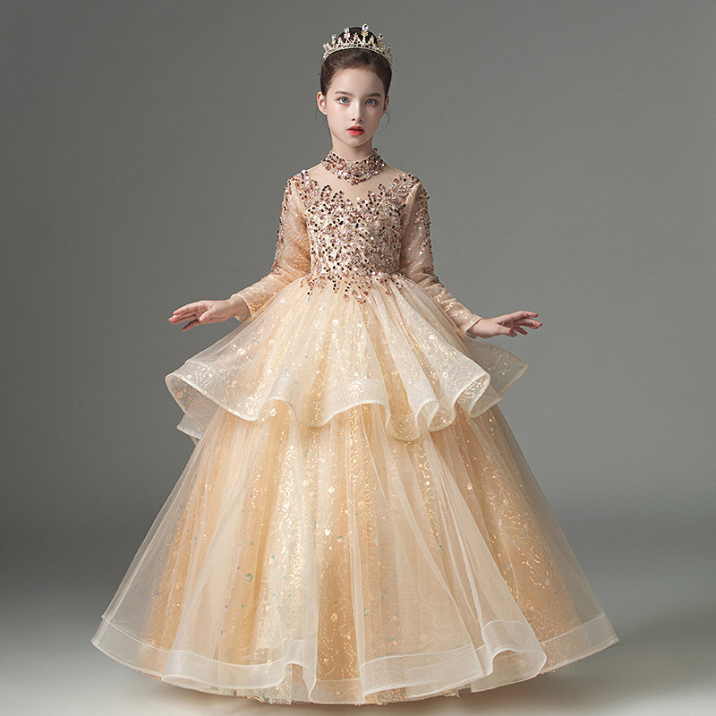 儿童礼服公主裙生日长袖秋冬高端小主持人女童钢琴演出服唱歌走秀