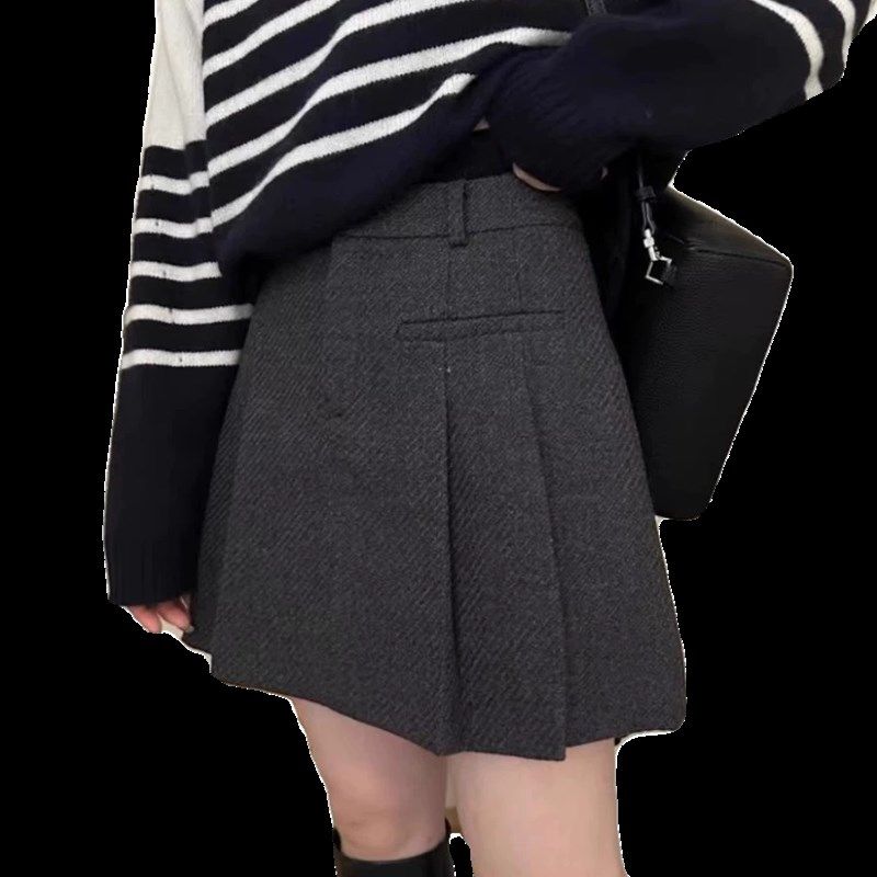灰色百褶裙女西装半身裙胖mm遮肚显瘦A字防走光毛呢加厚学生短裙