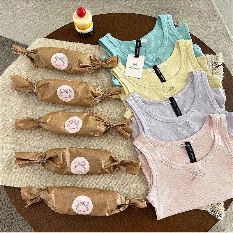 韩系糖果色蝴蝶结刺绣小背心内搭女夏I季新款紧身宽肩带吊带外穿