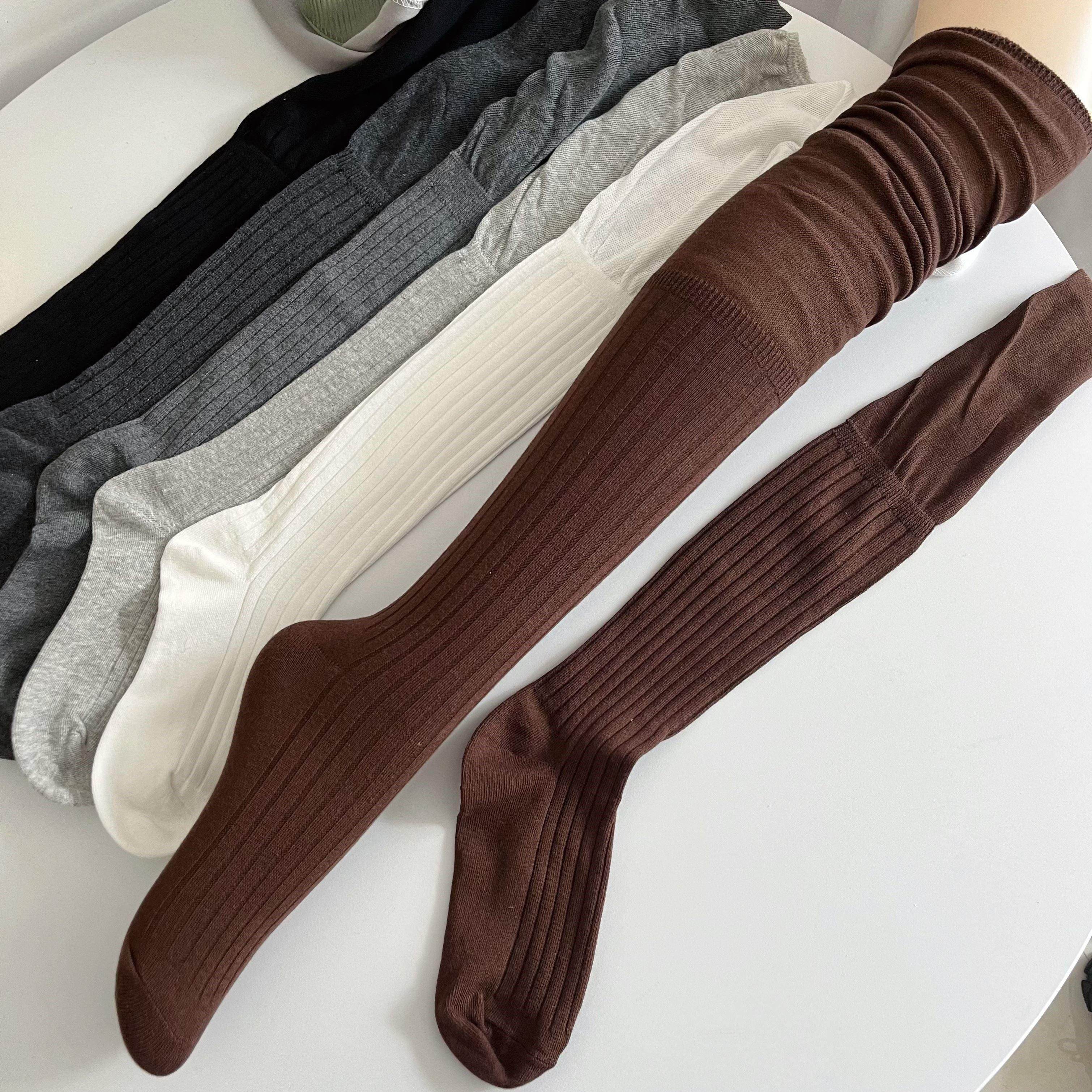 美拉德咖啡棕色过膝袜女春秋薄款棉竖条纹拼接长筒袜烟灰色高筒袜,女士内衣/男士内衣/家居服,长筒袜,淘宝优惠券,粉丝福利购,淘宝优惠卷