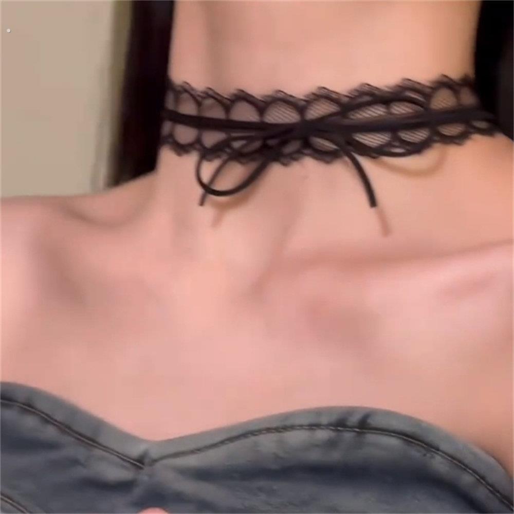 纯欲甜心黑色蝴蝶结蕾丝项圈女颈带choker脖子配饰锁骨炼