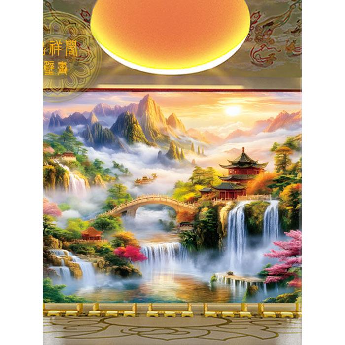 仙境山水画堂口客厅墙布纸背景佛道仙堂屋装饰风水挂画自粘壁画布