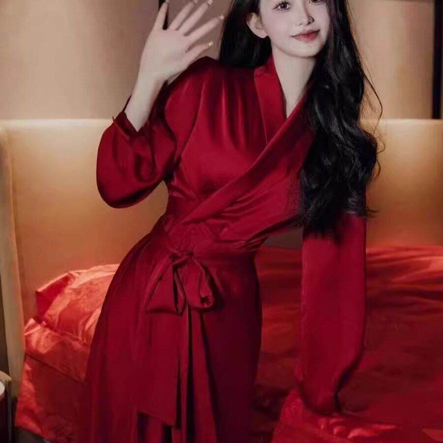 新娘结婚晨袍女新中式红色蝴蝶结睡裙伴娘睡袍本命年睡衣晨拍礼服