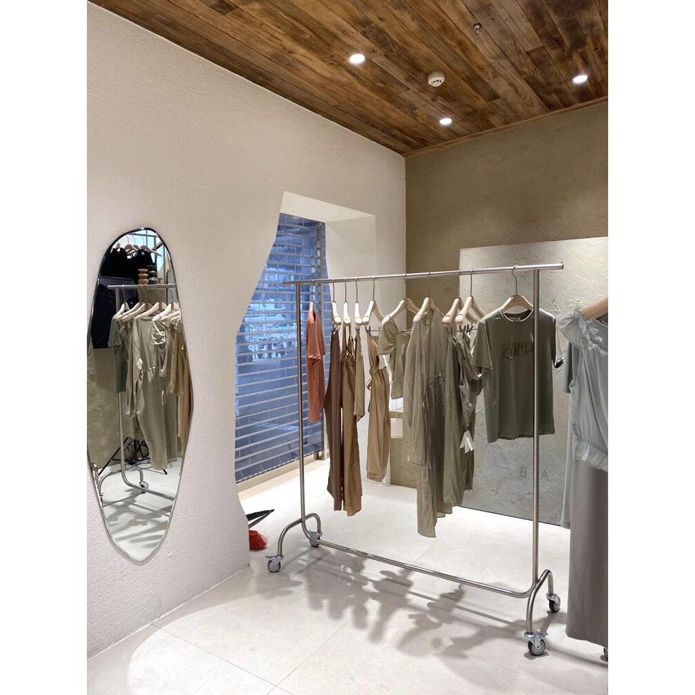 服装店展示架落地式陈列货架带轮子不锈钢中岛架女装店移动挂衣杆