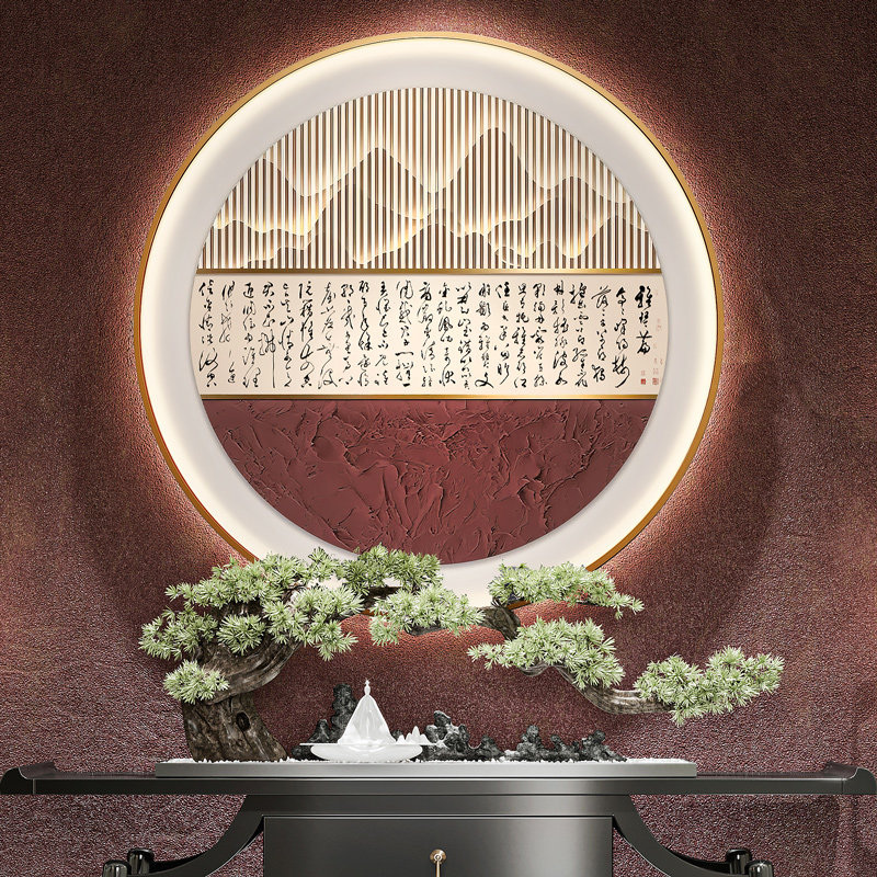 新中式圆形玄关走廊过道装饰画风景浮雕灯光画客厅沙发背景墙挂画