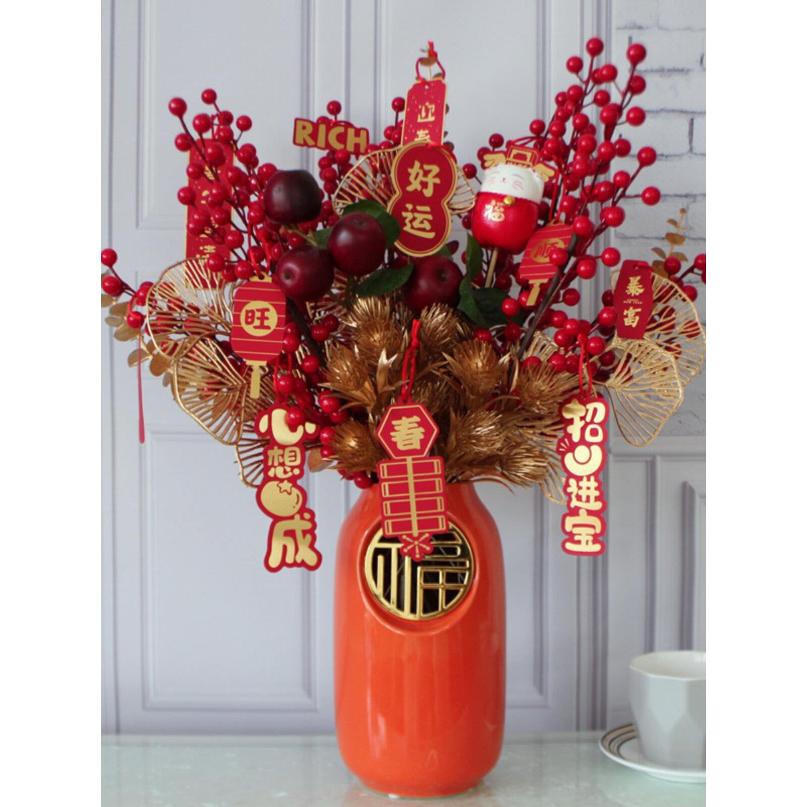 春节装饰品元旦陶瓷花瓶装饰品财富水果红色水果花朵祝福桶插花新
