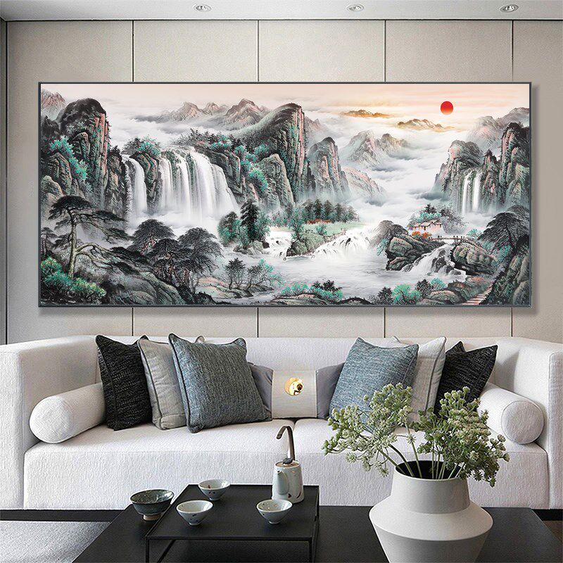 新中式山水画客厅挂画背景墙装饰画中堂壁画风景画国画办公室字画