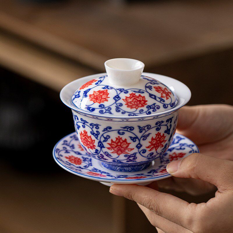 青花釉里红羊脂玉瓷悬停旋转三才盖碗单个茶杯功夫茶具高档泡茶碗
