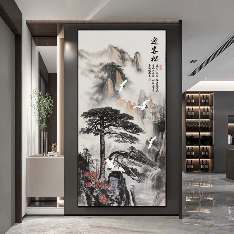 迎客松现代玄关装饰画新中式壁画竖版玄幻山水画入户过道走廊挂画