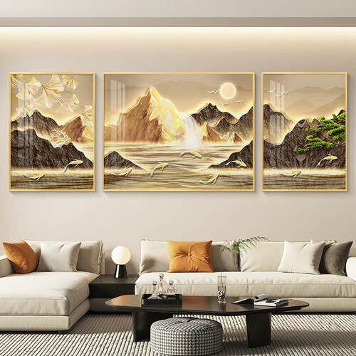 客厅装饰画三联画简约新中式高级感沙发背景墙挂画日照金山壁画