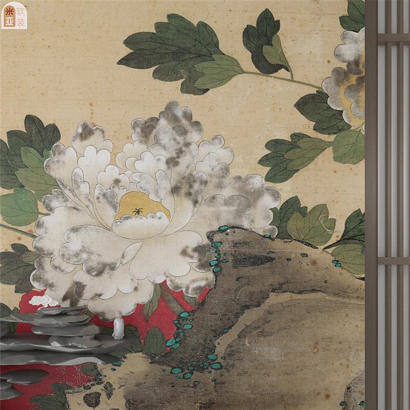 花鸟古画花卉玄关墙面装饰贴画茶室中国画背景墙客厅门墙贴纸定制