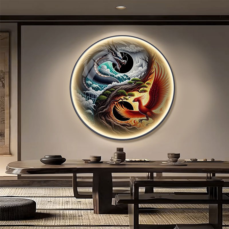 八卦太极图玄关装饰画新中式锦鲤龙凤餐厅茶室挂画LED灯发光壁画