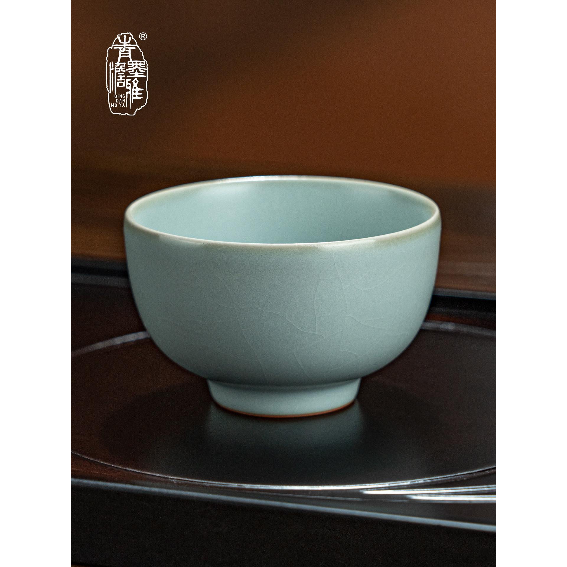 青澹汝窑功夫茶杯主人杯陶瓷景德镇汝瓷茶具天青品茗杯开片冰裂釉