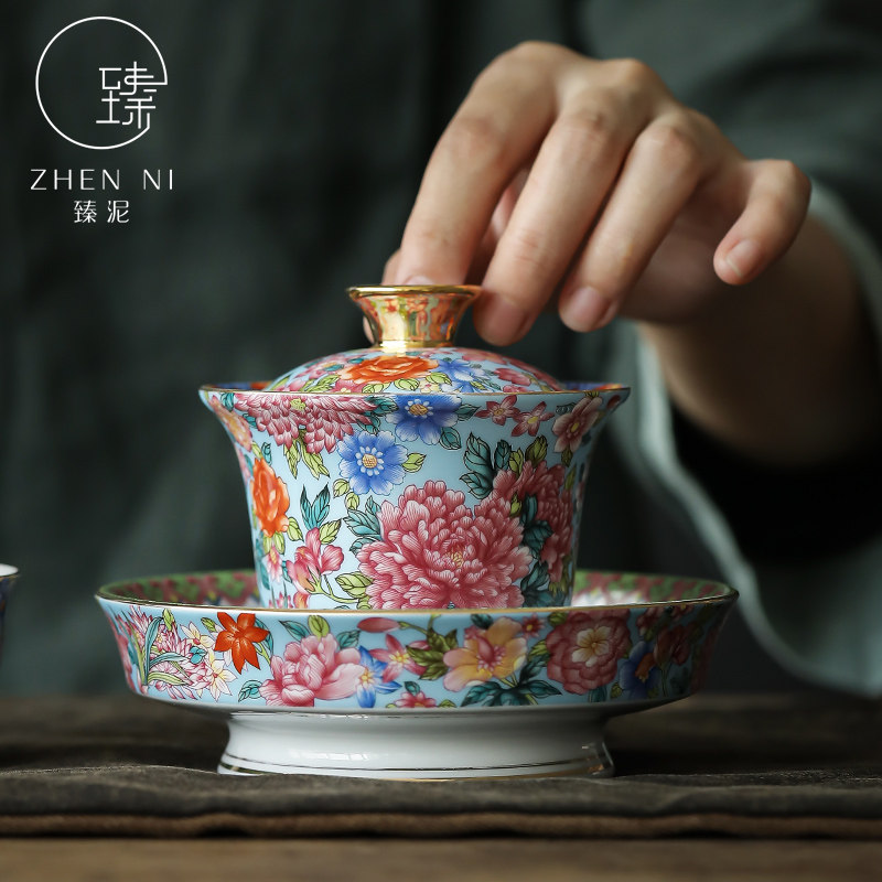 珐琅彩盖碗国潮万花陶瓷三才碗家用功夫茶具防烫手抓泡茶器敬茶碗