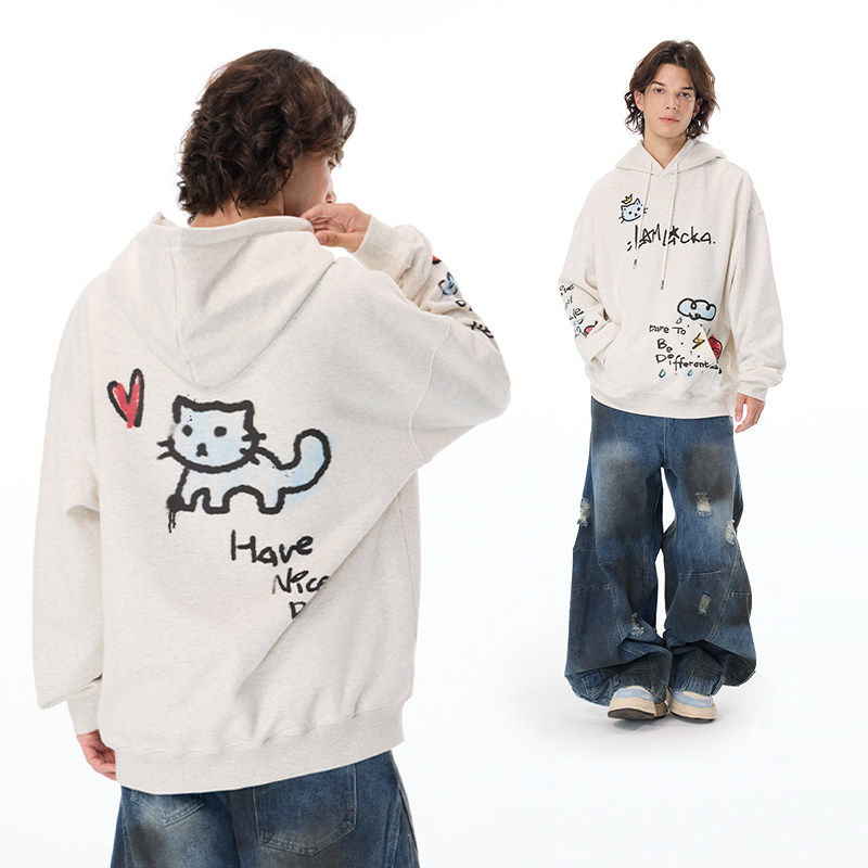 LAMLICKA涂鸦印花重磅磨毛连帽卫衣男春新款潮牌宽松休闲长袖上衣