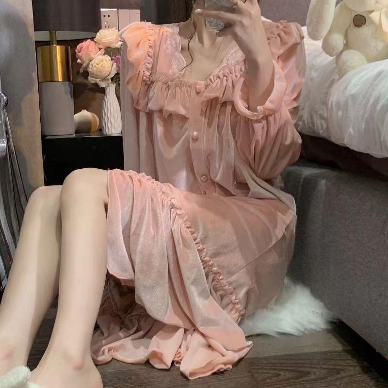 法式公主睡裙金丝绒睡衣复古宫廷风长袖女睡衣套装粉色家居服睡裙