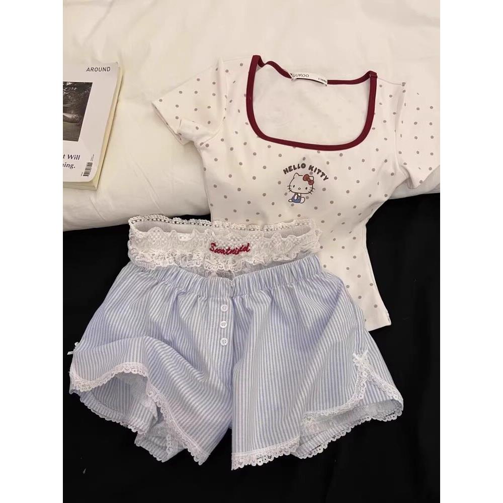 少女纯欲带胸垫短袖睡衣女士夏季甜美蕾丝条纹短裤家居服大码套装