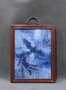 古玩杂项旧藏红木镶青花凤纹瓷板画中堂挂屏尺寸高37宽29夜光款