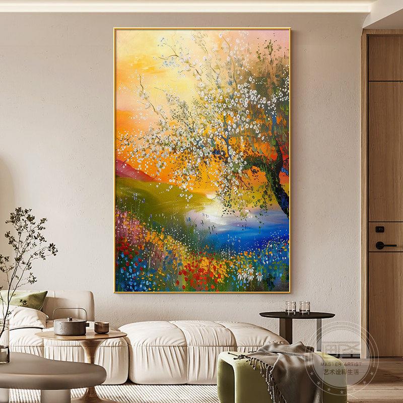 欧式风景客厅落地装饰画抽象大树入户玄关挂画肌理沙发背景墙壁画