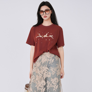 MalyKaly短袖T恤2026春季新品字母印花复古风圆领打底体恤