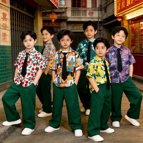 儿童港风演出服男童花衬衫套装8090年代复古小学生运动会开幕式服