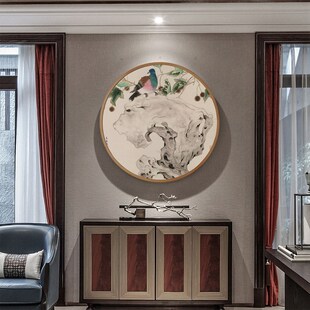 网红新中式禅意装饰画太湖石挂画圆形国画画框餐厅书房样房水墨玄