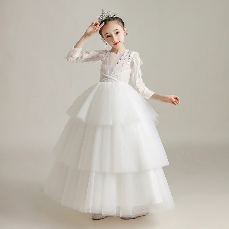 儿童礼服公主裙春夏女童白纱裙长袖花童婚纱走秀主持人钢琴演出服