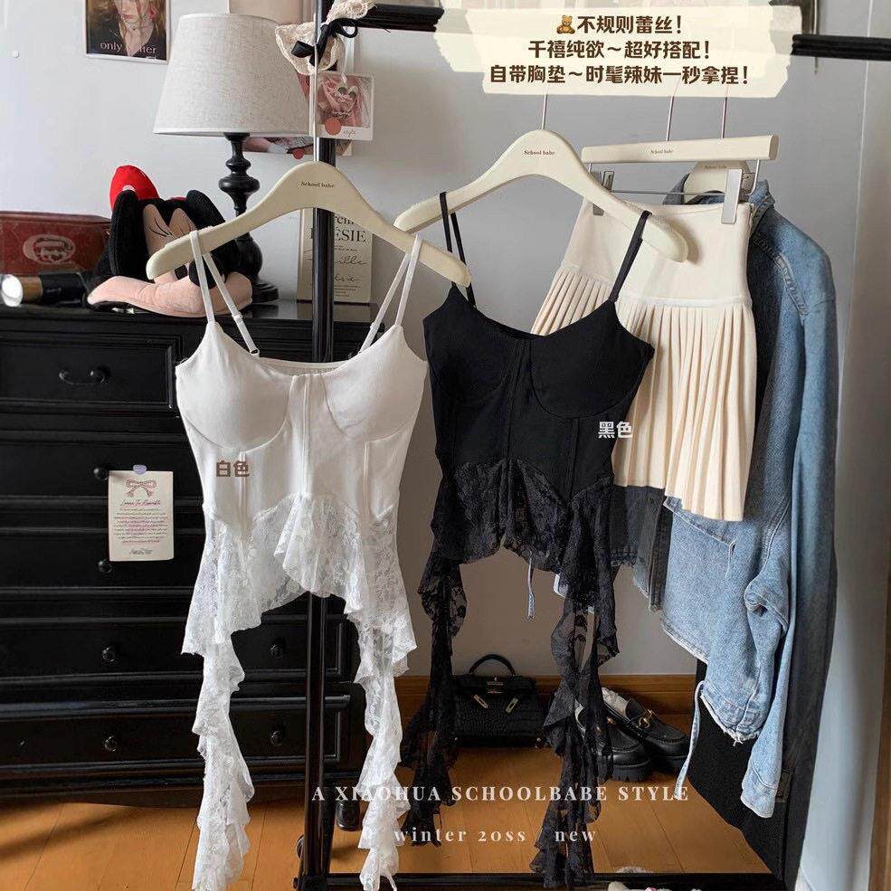 新款法式纯欲性感蕾丝吊带背心女士内搭带胸垫外穿美背上衣辣妹夏