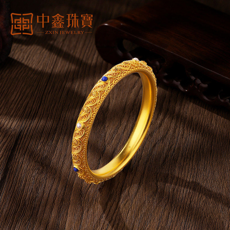 中鑫珠宝花丝古法黄金999手镯女款足金镶嵌珍珠青金石宫廷风镯子
