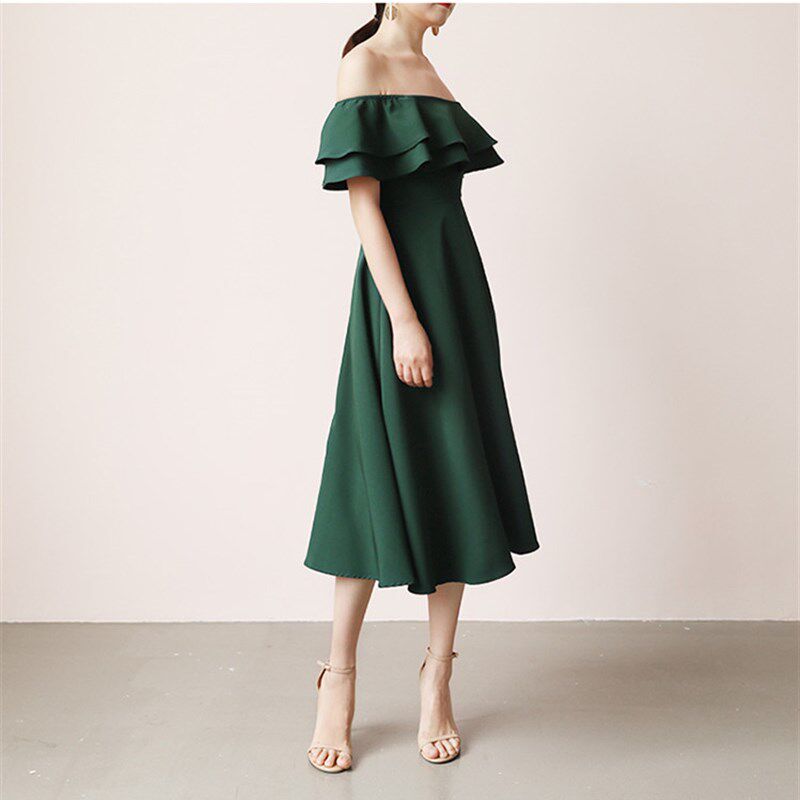 晚礼服绿色2024新款生日聚会毕业平时可穿显瘦中长款一字肩连衣裙