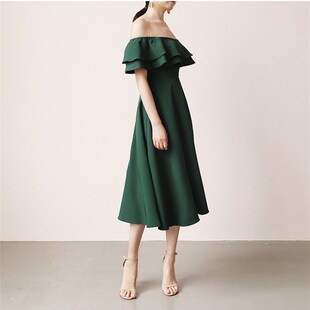 晚礼服绿色2024新款 一字肩连衣裙 生日聚会毕业平时可穿显瘦中长款