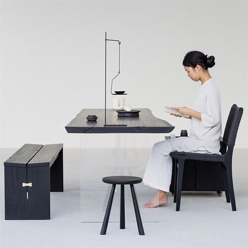 叁几 侘寂风碳化实木餐桌家用阳台茶桌白蜡木黑色桌子长方形书桌