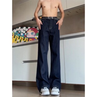 美式复古丹宁牛仔裤男款秋季cleanfit阔腿裤子直筒修身弯刀微喇裤