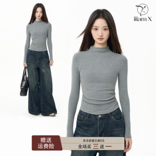 iiiamX灰色半高领修身打底衫女秋冬内搭长袖上衣中领正肩t恤2025