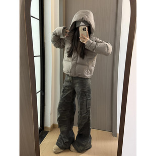 美式高街迷彩牛仔裤男女款冬季高腰显瘦直筒裤子阔腿bagyy工装裤