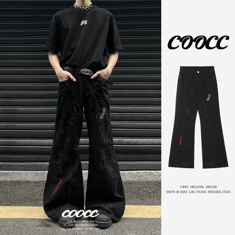 美式复古vibe刺绣微喇牛仔裤男款设计感高街直筒宽松水洗拖地裤子