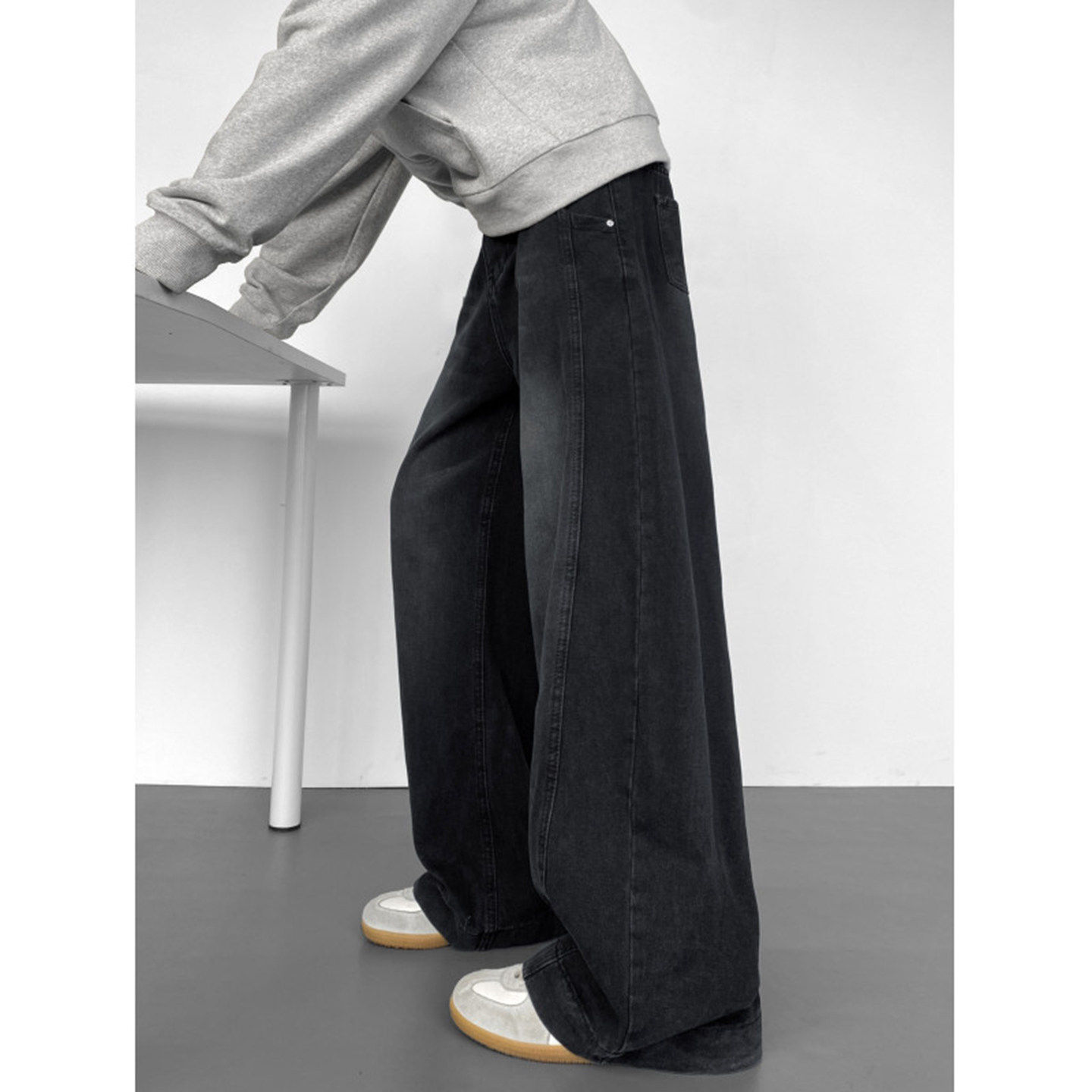 复古蓝水洗弯刀牛仔裤男款直筒宽松vibe工装拼接子美式高街阔腿裤