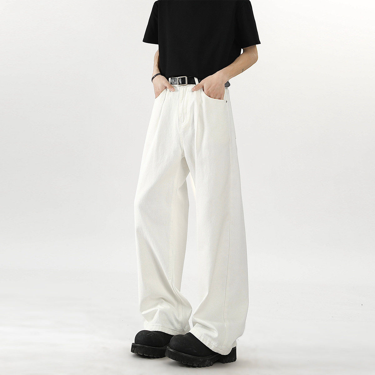 美式白色牛仔裤男女新款宽松cleanfit阔腿休闲 裤百搭直筒拖地长