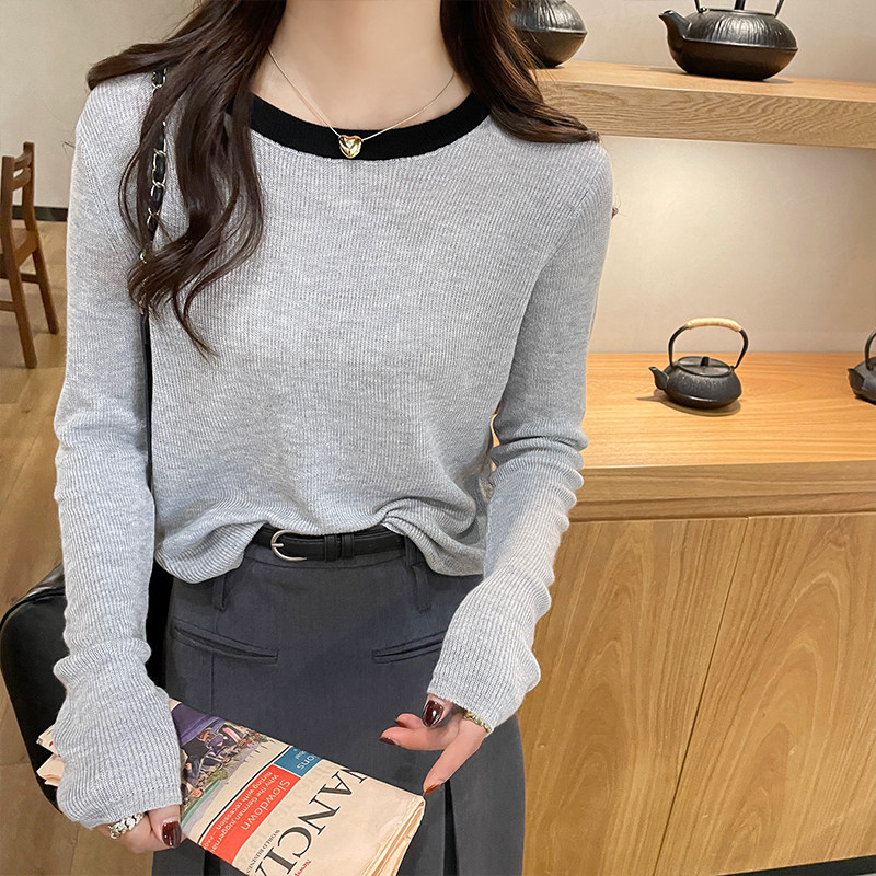 长袖针织衫女2023新款秋季薄款打底衫内搭秋冬高级感毛衣撞色上衣