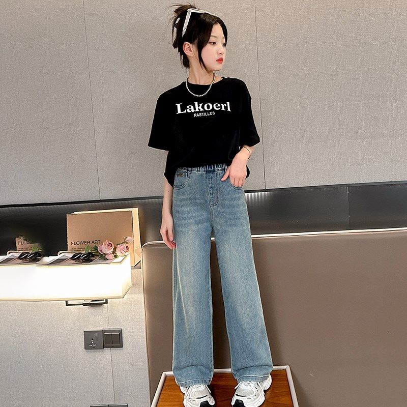 女童短袖t恤夏季套装2024新款儿童中学生大童夏装薄款牛仔阔腿裤