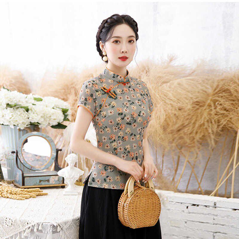 新款短袖碎花唐装两件套中国风女装旗袍女夏改良中式上衣复古修身