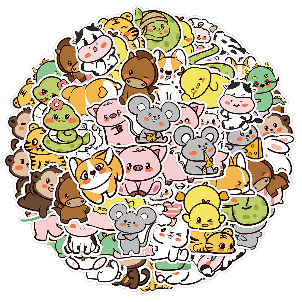 60张原创动物贴纸卡通可爱十二生肖猴子兔子蛇狗儿童奖励手账贴纸