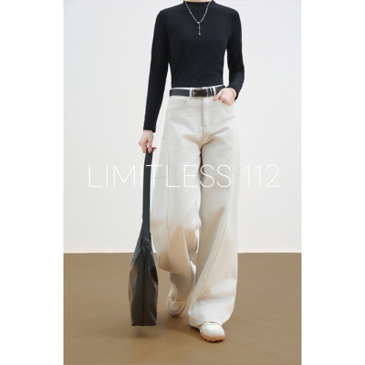 LIMITLESS高腰纯棉米色牛仔裤女新款香蕉镰刀裤阔腿裤显瘦盖脚面