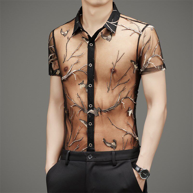 KTV男士透明工作服短袖衬衣夏季男装镂空衬衫修身个性感网纱上衣