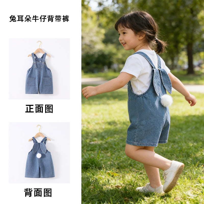 儿童夏季短款背带牛仔裤五分裤薄款柔软男女童兔耳朵中腰休闲裤
